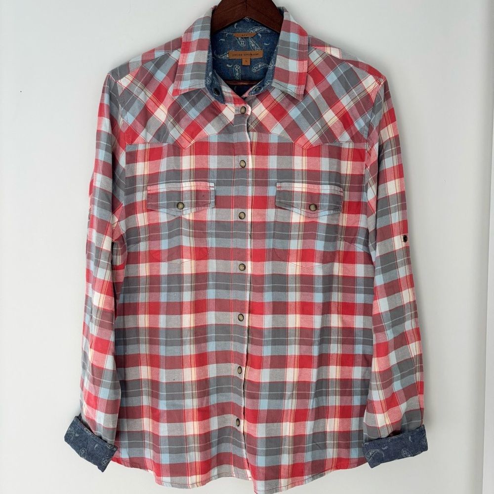 JACHS Girlfriend Plaid Snap Front Shirt L • Western Flannel Button Down Red Gray
